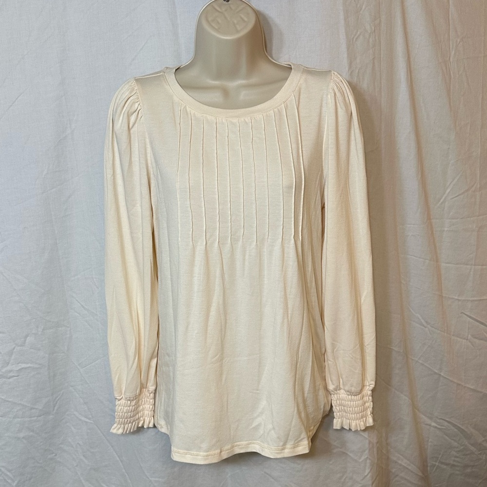 Automet Cream Pleated Long Sleeve Blouse Smocked Cuffs Elegant Fall Style Women - Picture 3 of 8